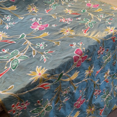 Blue Embroidered Silk Crewelwork Fabric